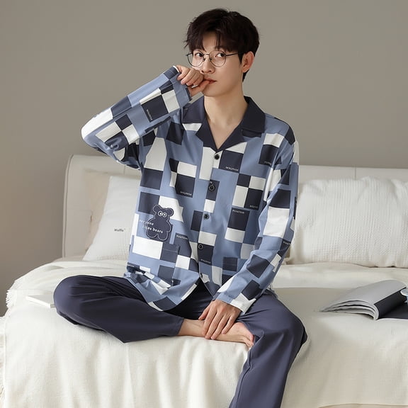 Pajamas Men‘s Pull Rack Pure Cotton Long Sleeve Autumn Cool Cotton Lapel Cardigan Casual Pure Cotton Trousers Clothes Men‘s Suit