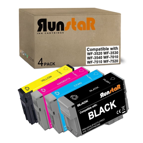 RunStar 4 Packs Replacement for T127 Ink Cartridge use for Epson Stylus NX530 NX625 WorkForce 60 545 630 633 635 645 840 845 WF-3520 WF-3530 WF-3540 WF-7010 (Black/Cyan/Magenta/Yellow)