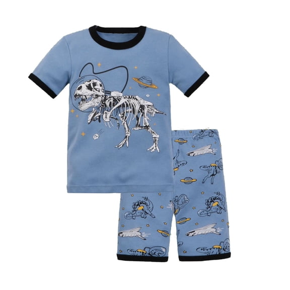 Pajamas Set for Boys Cotton Strawberry Dinosaur Short Sleeve T-Shirt Tops & Shorts Set Cute Baby Summer Lounge Sleepwear Clothes,6-7 Years,X2-Sky Blue