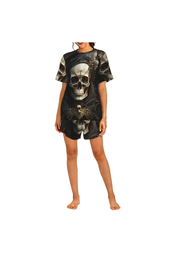 Pajamas Set Crew Neck Loungewear Sleepwear Short Sleeve Top Shorts Pj Sets, Gothic Witchy Skull Black