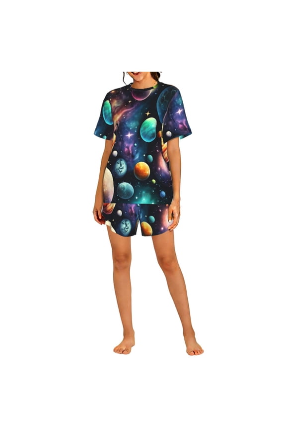 Pajamas Set Crew Neck Loungewear Sleepwear Short Sleeve Top Shorts Pj Sets, Planets Galaxy Stars Cosmic Space