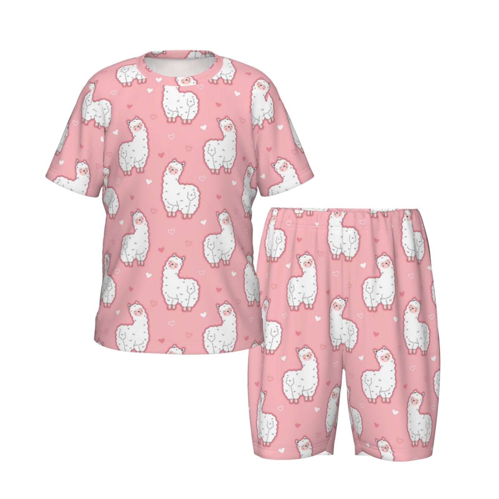 YIJIU Women's Alpaca Print Pajama Set - Short Sleeve Tee And Shorts, Pink Plaid, Large
