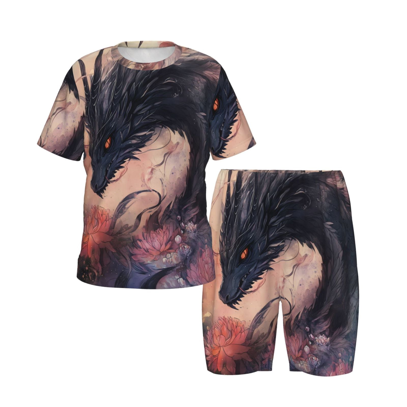 Pajamas Set For Boys and Girls, Dark Dragon Floral Fantasy 2 Piece ...