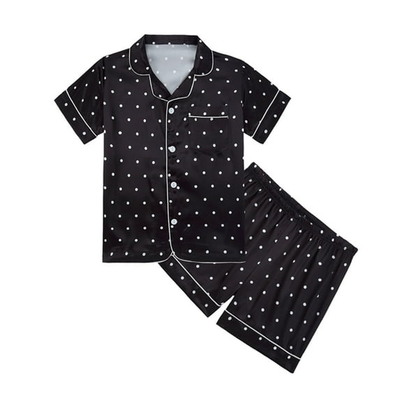 Pajamas Set For Girls Short Sleeve Printed Button Down Classic Loungewear Shirt Shorts Two Pieces Set Boys' Sleepwear Black 120(5 Years-6 Years)