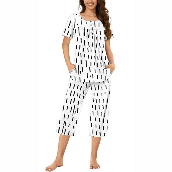 Pajamas Set For Women Plus Size Round Neck Short Sleeve Sleepshirt And Pants 2 Piece Set Classic Stripe Print Relaxed Fit Soft Loungewear White L