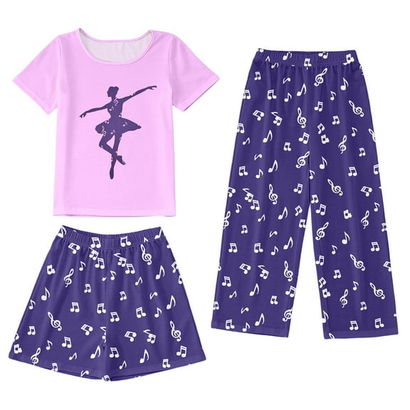 Pajamas Set for Girls Boys Light Purple Short Sleeve Pajamas for Girls Toddler Cute Cartoon Clothes Breathable Sleepwear 3PCS Kids Summer Trendy Sleepwear Clothes Set 7-8 Years