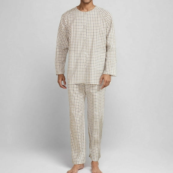 Pajamas Set Man Checkered Pocket Button Patient Care Gown Long Sleeve Round-Neck Pajama Sets Mens Pjs Sets Pijamas for Men Set Mens Pjs Pj Set Mens Pj Set