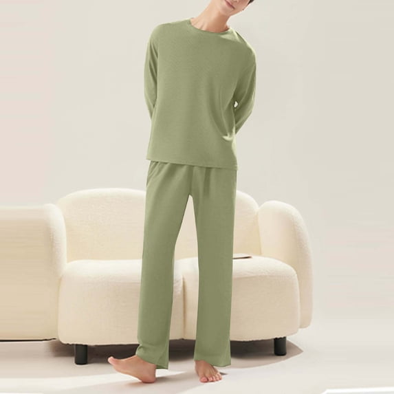 Pajamas Set Men Loose Solid-Color Home Clothes Pocket Pants Long Sleeve Round Neck Top Pajama Sets Mens Pjs Sets Pijamas for Men Set Mens Pjs Pj Set Mens Pj Set
