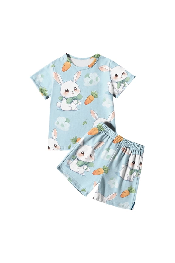 Pajamas Set Short Sleeve Sleepwear Bunny Rabbit Print and Egg Bilby Print Egg Pulloverr Sleepwear Set Loungewear Set Crewneck Summmer Spring Fashion Nightwear #Z46 Light Blue 2-3 Years