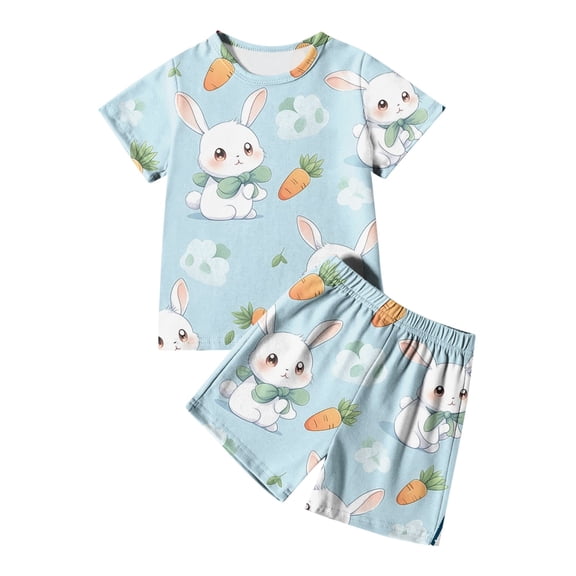 Pajamas Set Short Sleeve Sleepwear Bunny Rabbit Print and Egg Bilby Print Egg Pulloverr Sleepwear Set Loungewear Set Crewneck Summmer Spring Fashion Nightwear #Z46 Light Blue 2-3 Years