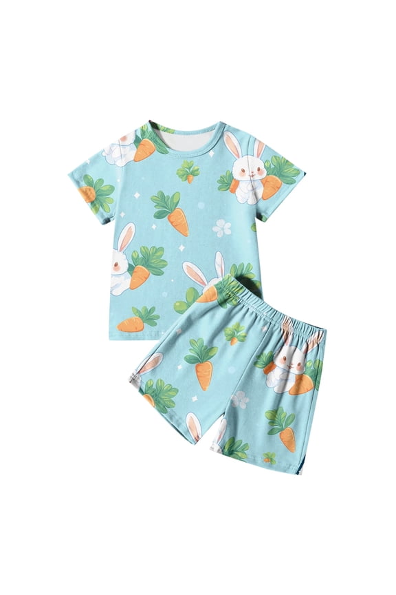 Pajamas Set Short Sleeve Sleepwear Bunny Rabbit Print and Egg Digging Easter Loungewear Set Crewneck Unisex Pajamas Set Summmer Spring Graphic Sleep Top and Bottom #Sky Blue 11-12 Years