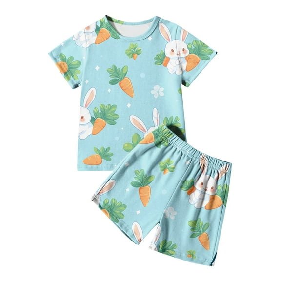 Pajamas Set Short Sleeve Sleepwear Bunny Rabbit Print and Egg Digging Easter Loungewear Set Crewneck Unisex Pajamas Set Summmer Spring Graphic Sleep Top and Bottom #Sky Blue 9-10 Years