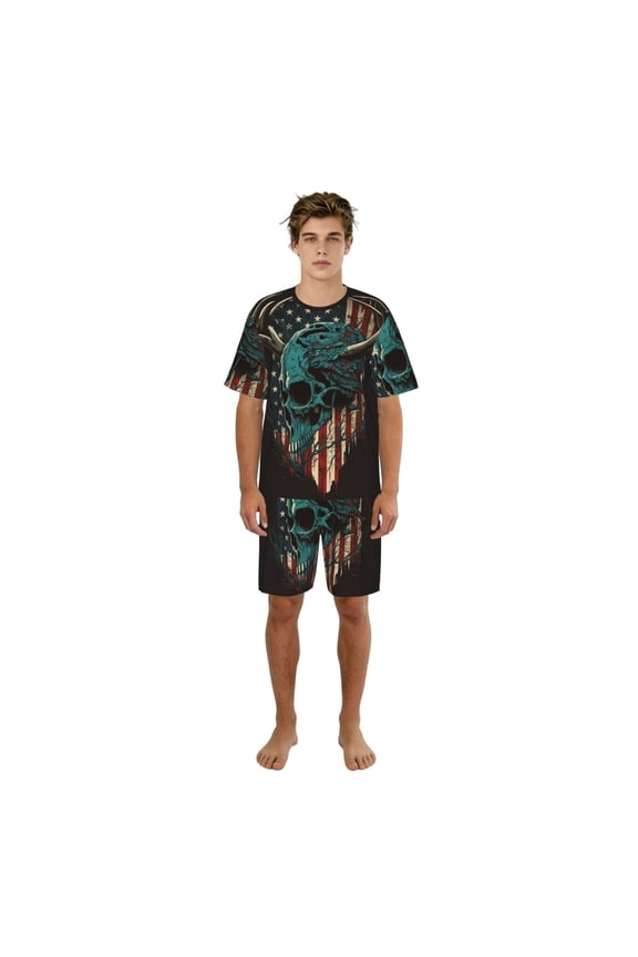 Pajamas Set Sleepwear Short Sleeve Top Shorts Crew Neck Loungewear Pj Sets, American Flag Deer Skull Camo Camouflage