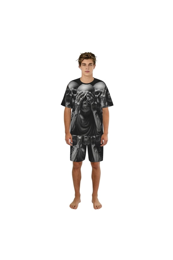 Pajamas Set Sleepwear Short Sleeve Top Shorts Crew Neck Loungewear Pj Sets, Death Skulls Gothic Skull