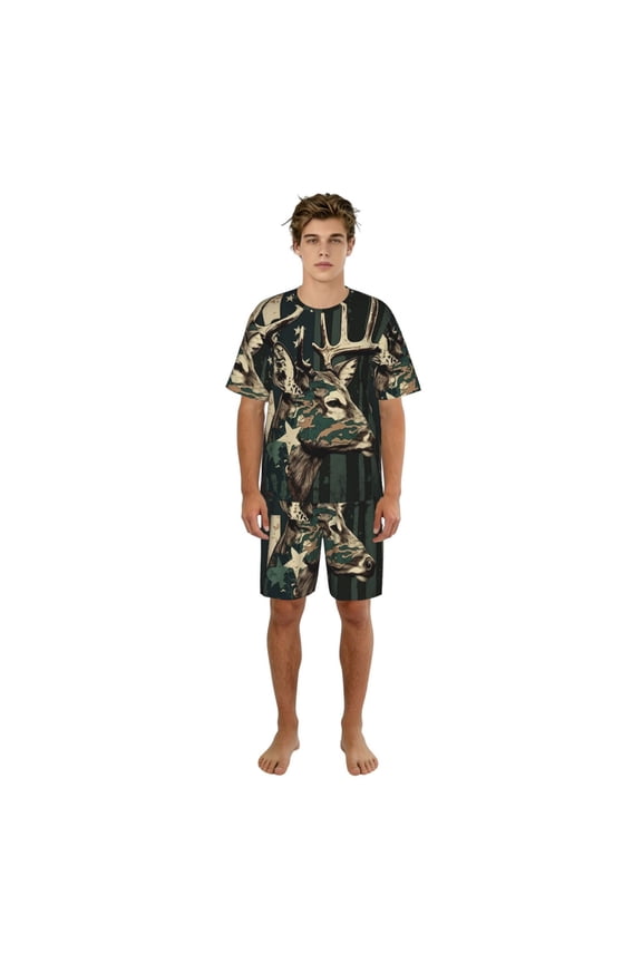 Pajamas Set Sleepwear Short Sleeve Top Shorts Crew Neck Loungewear Pj Sets, Deer Camo American Flag Camouflage