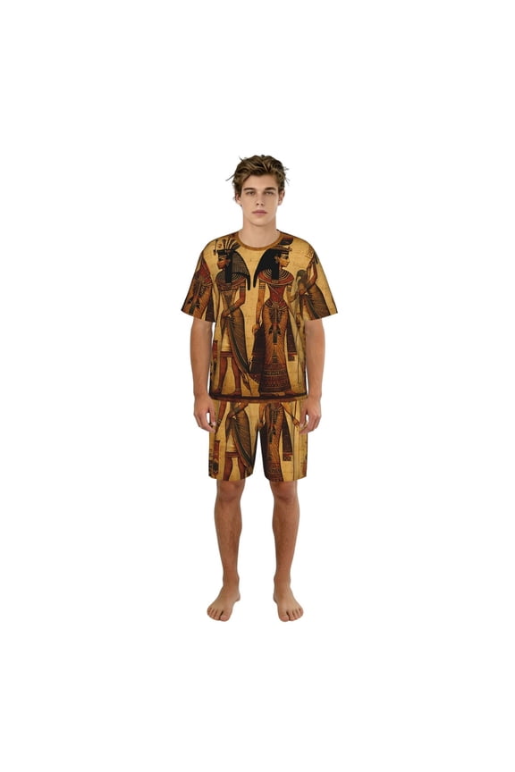 Pajamas Set Sleepwear Short Sleeve Top Shorts Crew Neck Loungewear Pj Sets, Primitive Vintage Egyptian