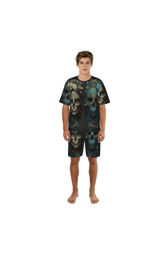 Pajamas Set Sleepwear Short Sleeve Top Shorts Crew Neck Loungewear Pj Sets, Skulls Gothic Day Of The Dead Skull Lovers
