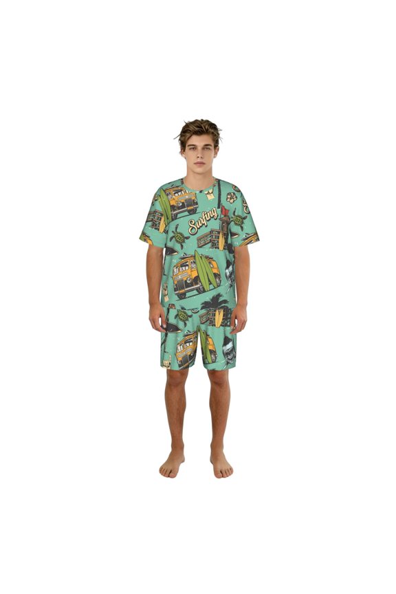 Pajamas Set Sleepwear Short Sleeve Top Shorts Crew Neck Loungewear Pj Sets, Surfing Vintage Shark Hawaii Turtle Tiki