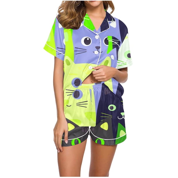 ibuvkizy Pajamas Set for Women Plus Size Women's Pajamas Sets,Women Casual Print Turndown Collar Short Sleeve Blouse Fashion Short Pants Pajamas Suit,Summer Loungewear Set,Womens Fashion Gifts