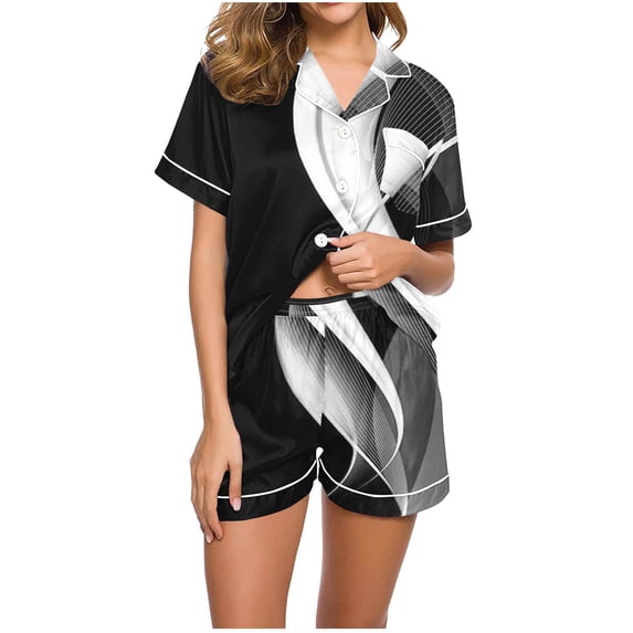 Pajamas Set for Women Clearance,Plus Size Women's Pajamas Sets,Women Casual Printed Turndown Collar Short Sleeve Blouse Fashion Short Pants Pajamas Suit,Summer Loungewear Set,Womens Fashion Gifts