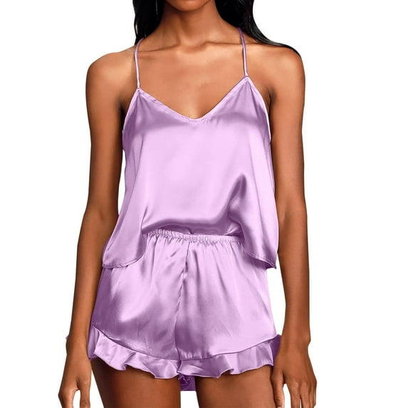 Pajamas Set for Women Clearance,Plus Size Women's Pajamas Sets,Women's Casual Print Colorblock Frill Hem Set Housewear Sexy Suspender Vest Suit,Summer Loungewear Set,Womens Fashion Gifts