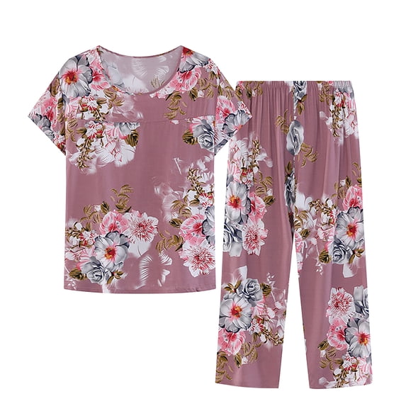 ibuvkizy Pajamas Set for Women Plus Size Women's Pajamas Sets,Women's Summer Two Piece Set Short Sleeve Round Neck Pajama Set Printed Tops Pants Set,Summer Loungewear Set,Womens Fashion Gifts