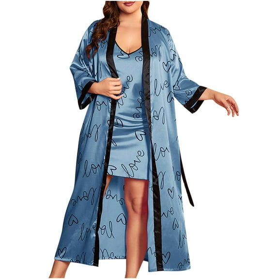 ibuvkizy Pajamas Set for Women Plus Size Women's Pajamas Sets,Women's Suspender Dress and Outer Robe Two Sets Fashionable Imitation Silk Ice Home Clothing,Summer Loungewear Set,Womens Fashion Gifts