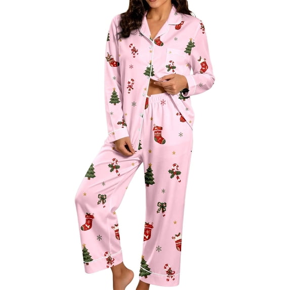 Pajamas Set for Women JIANLAI Women's Christmas Printed Notch Collar Pajama Set Button Down Long Sleeve Top and Long Pants Loungewear Outfit Soft Casual Sleepwear