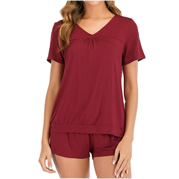 Pajamas Set Women Solid Sleepwear 2 Piece Short Sleeve V Neck Tops and Shorts with Drawstring PJs Sets Home Wear