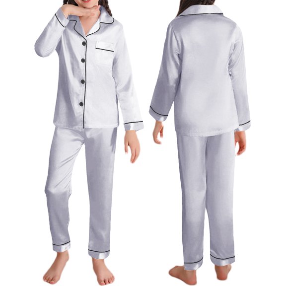 Pajamas Set for Boys Girls Silky Satin Pjs Sleepwear 2 PCS Set Long Sleeve Button Down Top Pants Home Wear