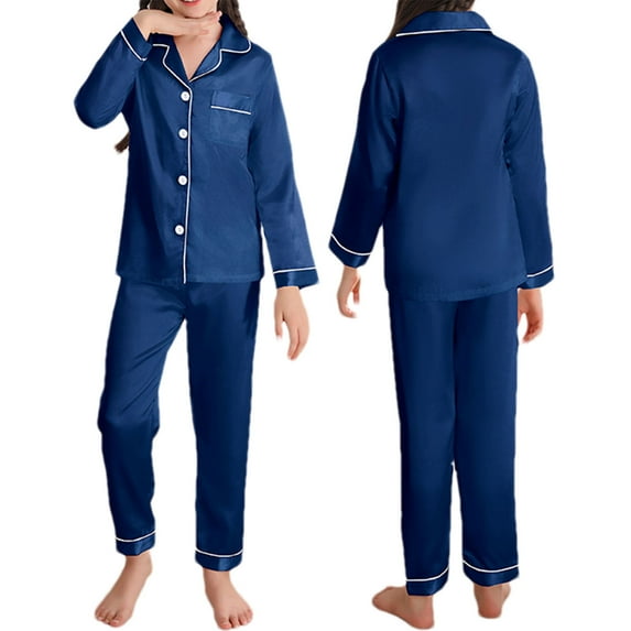 Pajamas Set for Boys Girls Silky Satin Pjs Sleepwear 2 PCS Set Long Sleeve Button Down Top Pants Home Wear