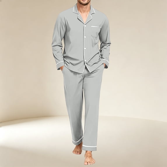 Pajamas Set for Men Long Sleeve Button Down Sleepwear Soft Lounge Set