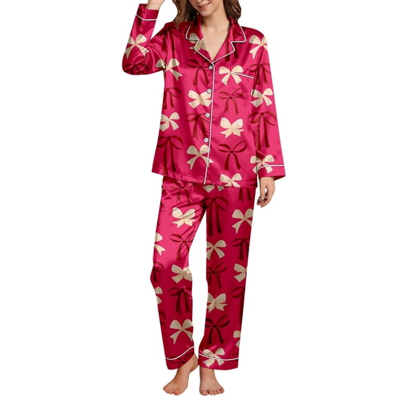 Pajamas Set for Women 2 Pieces Sets Soft Bow Print Button Lapel Shirts Pants Sleepwear Outfit
