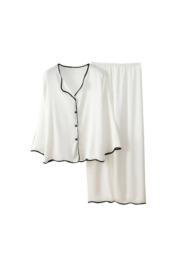 Pajamas Set for Women Long Sleeve Sleepwear Button Down Nightwear with Long Pants Soft Summer Solid Pjs Lounge Set