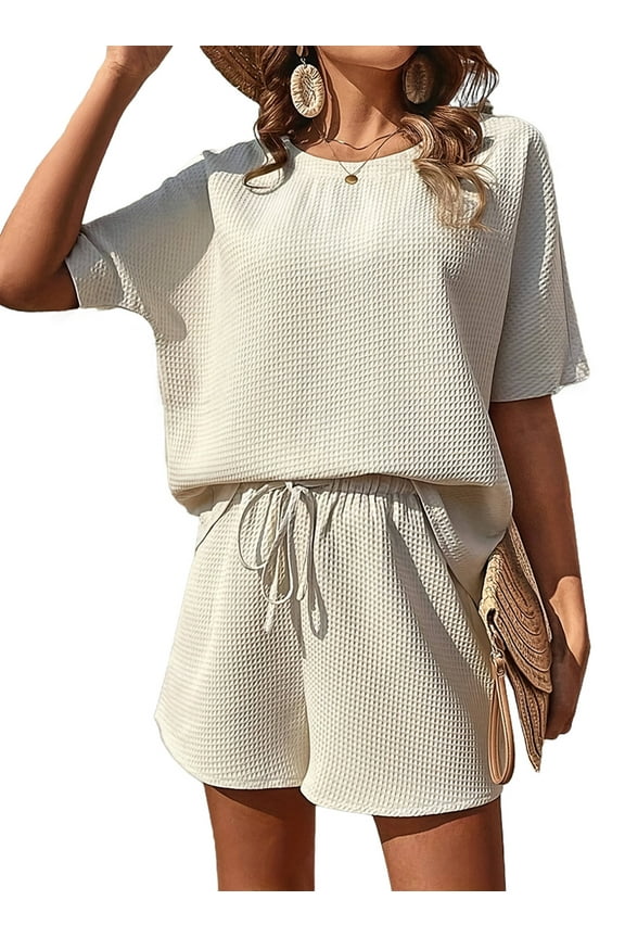 Pajamas Set for Women Waffle Knit Lounge Set 2 Piece Outfits Loungewear Sweatsuit with Pockets Cream White M