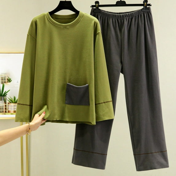 Pajamas Set for Women,Women's Warm Pocket Winter Plush Long Sleeved Pants Two Piece Sets Loose Round Neck Sleepwear Loungewear Outfit