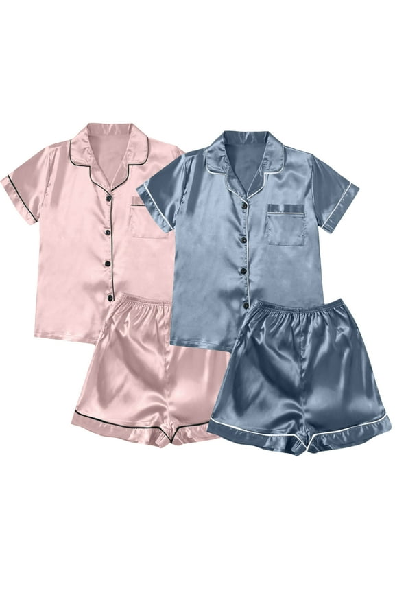 Pajamas Sets Women Satin Short Sleeve Sleepwear Button Down Loungewear Pjs Set with Pants
