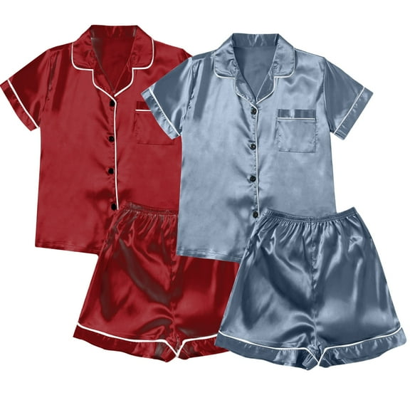 Pajamas Sets Women Satin Short Sleeve Sleepwear Button Down Loungewear Pjs Set with Pants