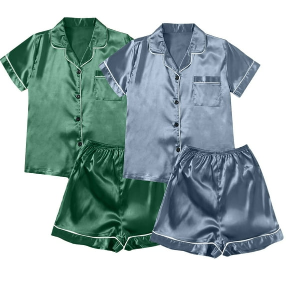 Pajamas Sets Women Satin Short Sleeve Sleepwear Button Down Loungewear Pjs Set with Pants