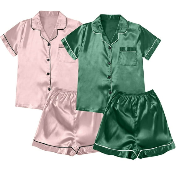 Pajamas Sets Women Satin Short Sleeve Sleepwear Button Down Loungewear Pjs Set with Pants