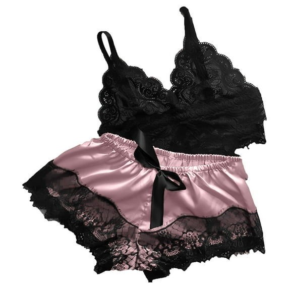 Pajamas Sets for Women Summer New Womens Floral Lace Pajamas Set Sleepwear Cami Tops Bra and Panty 2 Piece Nightwear Pjs Loungewear Sets Style B-28 Pinky XL