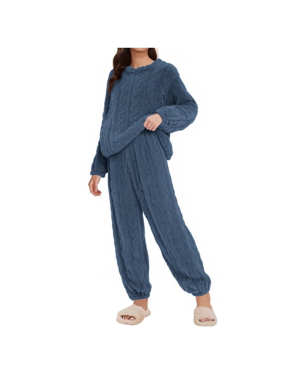 Pajamas Sets for Women Winter Super Soft Fluffy Sleepwear Ultra Cozy Warm Plush Nightwear Comfy Thermal Outfits,2 Piece Pajamas Sets Long Sleeve Casual Fleece Pullover Warm Matching Lounge Set Blue