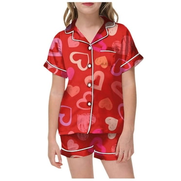 Pajamas Sets for Girls 10-12 Short Sleeve Button-Up Top Shorts Summer 2pc Kids Soft Sleepwear for Girls,Red,120(4-5 Years)