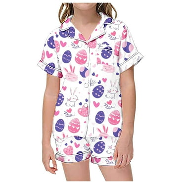 Pajamas Sets for Girls Size 6 Cartoon Printed Short Sleeve Button Down Pj Set Loungewear Sets Kids Nightwear,,6-7 Years