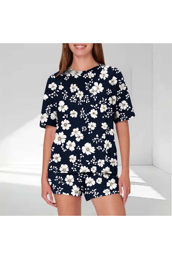 Pajamas Sets for Women 2 Piece Shorts Under $10 Casual Loose Printing Round Neck Short Sleeved Shorts Pajamas Suit
