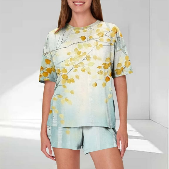 Pajamas Sets for Women 2 Piece Shorts Under $10 Casual Loose Printing Round Neck Short Sleeved Shorts Pajamas Suit