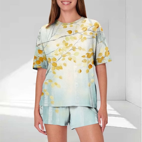 Pajamas Sets for Women 2 Piece Shorts Under $10 Casual Loose Printing Round Neck Short Sleeved Shorts Pajamas Suit