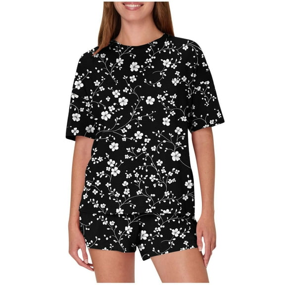 Pajamas Sets for Women 2 Piece Shorts Under $10 Casual Loose Printing Round Neck Short Sleeved Shorts Pajamas Suit