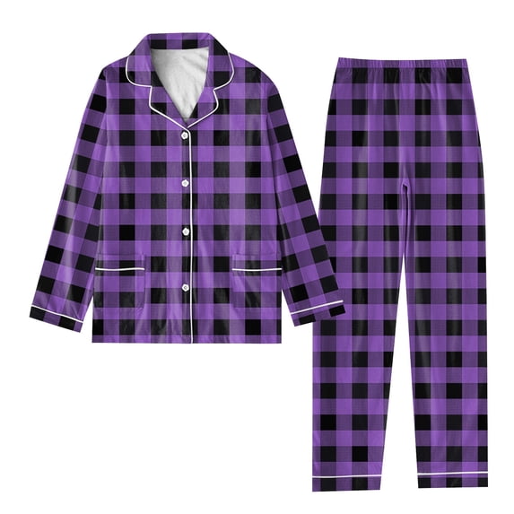 Pajamas Sets for Women Button Down Pj Set Plaid Print Nightwear Soft Pj Lounge Sets