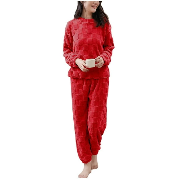 Pajamas Sets for Women Soft Comfy Fluffy Pajama Fleece Pullover Pajama Set Warm Plush Lounge Sleepwear (Free Size, Red)